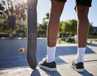 Buy stock photo Skateboard, man and sports at skate park with concrete floor for fitness, exercise and freedom while outdoor for travel, hobby and training. Male with sneakers for skating at urban community course