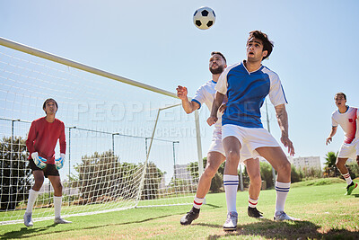 Soccer, sports and team playing game on an outdoor field for exercise, training and workout. Teamwork, football and healthy athletes practicing with ball on a grass pitch for match, fitness and skill