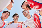 team Sports, soccer and circle of men together for collaboration, motivation and support for game football with athlete group. Happy male group fitness together for exercise, training and workout