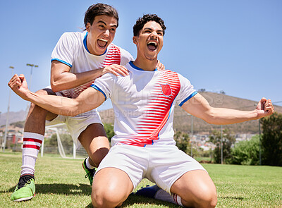 Buy stock photo Winner, teamwork and sports with football man for goals, workout and celebration. Success, health and fitness with soccer player on grass field in training  or exercise, games and happy achievement