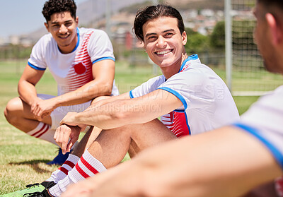 Buy stock photo Soccer, team and men talking, smile and talk after game, training and practice outdoor on a field or pitch. Football, fitness and teamwork with soccer player happy, workout and collaboration on grass