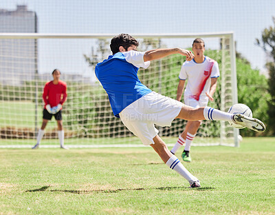 Buy stock photo Sports, soccer and athlete scoring a goal during a match or training on an outdoor pitch at a stadium. Football, fitness and healthy man practicing to score at a game for exercise or workout on field