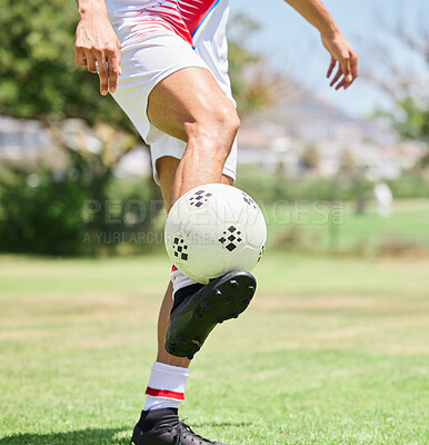 Soccer ball control, soccer player and practice skill on football field, competition games or sports training on stadium grass pitch. Football player feet, athlete action and talent for goals on turf