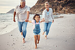 Beach, running and child holding hands with grandparents for a lovely bonding experience on holiday vacation. Happy, grandmother and old man having fun enjoying an exercise with a kid as a family
