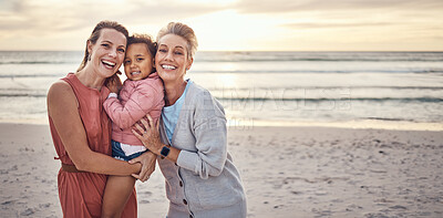 Buy stock photo Lesbian, couple and portrait of family on beach together for travel vacation, happy and relax bonding by sea side. Happy homosexual parents, child smile and ocean sunset or relaxing in summer 