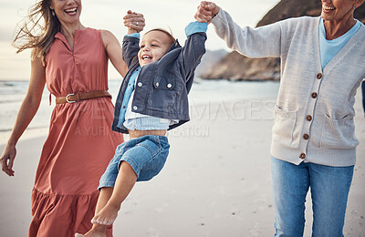 Buy stock photo Beach, family holding hands and excited child on travel vacation together in summer. Happy parents, love and trust support fun with kid for healthy relax quality bonding time on sea sand outdoors