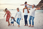 Happy big family, vacation and beach walk for quality bonding time together in the outdoors. Mother, father and grandparents with children playing with smile in happiness for family trip by the ocean