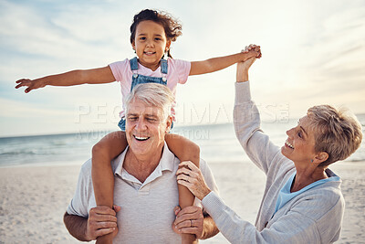 Buy stock photo Beach, family and grandparents piggy back for holiday fun together with grandchild in Australia. Summer, ocean and vacation afternoon with happy senior grandma, grandfather and young kid.