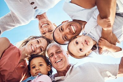 Buy stock photo Happy big family, face and smile for fun bonding, quality time together or relationship in the outdoors. Portrait of mother, father and grandparents with children enjoying family holiday or weekend