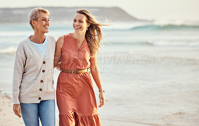 Buy stock photo Beach, happy and mother walking with her daughter for wellness, exercise and bonding while on holiday. Happiness, smile and women embracing while on walk in nature by the ocean together in Australia.