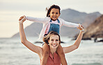Family, beach and vacation with mother and child outdoor for travel, adventure and bonding in nature for love, support and care. Portrait of woman carrying girl on shoulders by sea after adoption