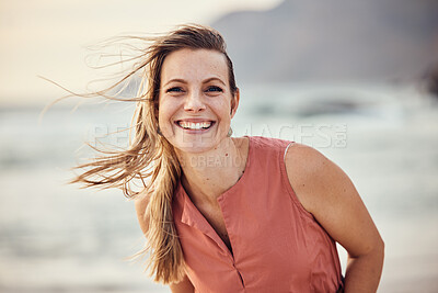 Buy stock photo Happy, smile and portrait of a woman at the beach for freedom, travel and peace on holiday in Indonesia. Ocean, happiness and girl by the water at the sea during a vacation to relax in summer