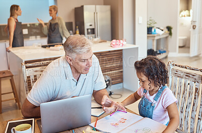 Buy stock photo Learning, girl drawing and grandpa care in a kitchen remote working with a kid at home. Family, creative coloring and youth education development of a man and child bonding together with elearning