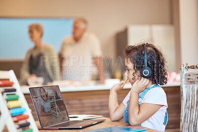 Buy stock photo Child, girl and laptop headphones in distance learning, education and math lesson with beads counter abacus in family home. Kid, youth and student waving on technology in homeschool classroom support