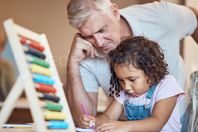 Buy stock photo child, learning and father teaching with abacus together for development. Elderly man, grandparent or teacher with young student girl writing in book for education or study skills activity at home