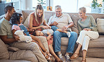 Big family, happiness and love on house sofa with children, parents and grandparents together for bonding, quality time and relax. Happy kids, women and men in interracial family home in Europe 