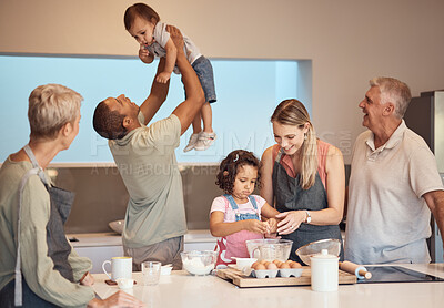 Buy stock photo Generation family, cooking play together in family home kitchen for happiness, bonding and diversity. Mother, father and grandparents baking, girl learning with happy chef mom, dad and baby smile