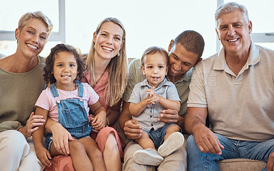 Buy stock photo Big family, home sofa and happiness portrait with children, parents and grandparents together for love, support and care for quality time. Interracial men, women and kids in house to relax and smile