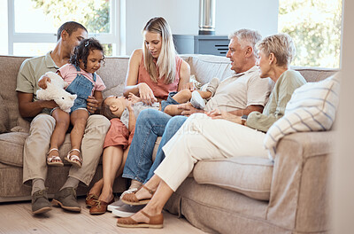 Buy stock photo Love, children with grandparents in a big family as mother and father play with kids on the sofa or couch. Dad mom and young kids happy to enjoy bonding with lovely grandmother and senior man in home