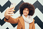 Black woman, selfie and smartphone for social media post online or content creation influencer. Young girl, smile and happy for mobile phone photograph or 5g video call in abstract background