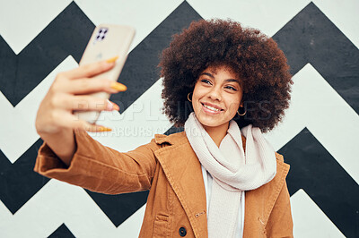 Buy stock photo Black woman, selfie and smartphone for social media post online or content creation influencer. Young girl, smile and happy for mobile phone photograph or 5g video call in abstract background