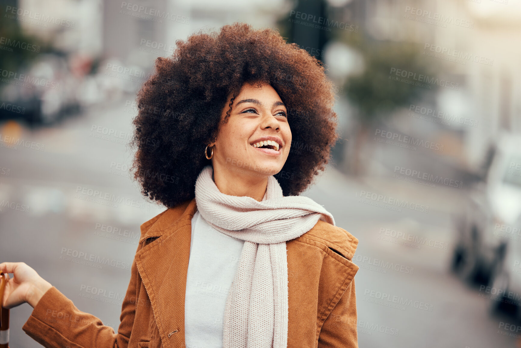 Buy stock photo Black woman, happy vision and fashion in city outdoors for mental health, relax and beauty lifestyle. Young African american girl smile, success motivation and thinking in urban town street outdoors
