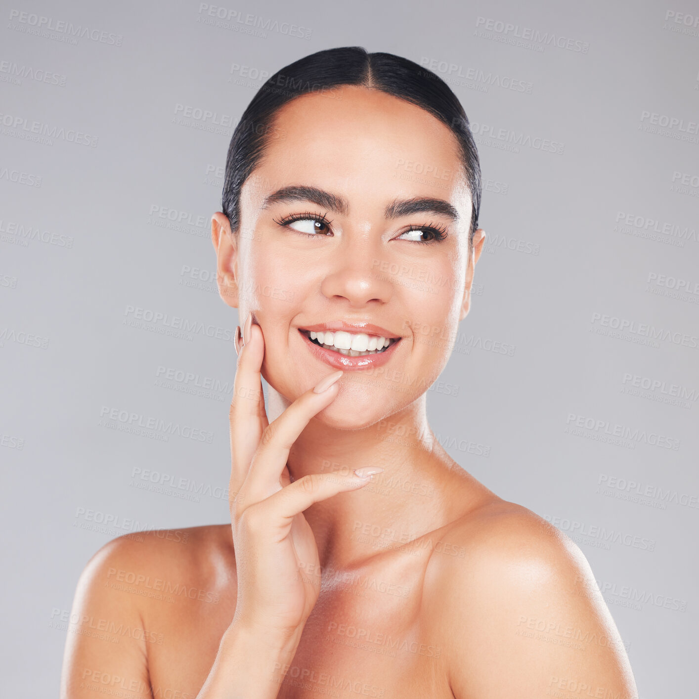 Buy stock photo Beauty, skincare and woman in a studio for wellness, health and natural face or skin routine. Happy, smile and girl model from Asia with a cosmetic facial treatment isolated by a gray background.