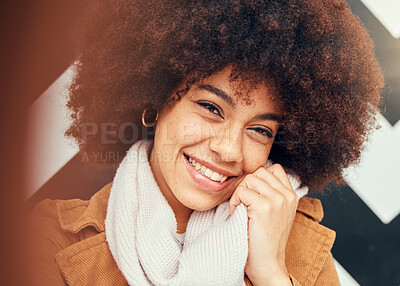 Buy stock photo Black woman, natural hair and fashion selfie for social media influencer profile picture with a smile, afro and beauty. Portrait, face and happiness of model, girl with phone for motivation post