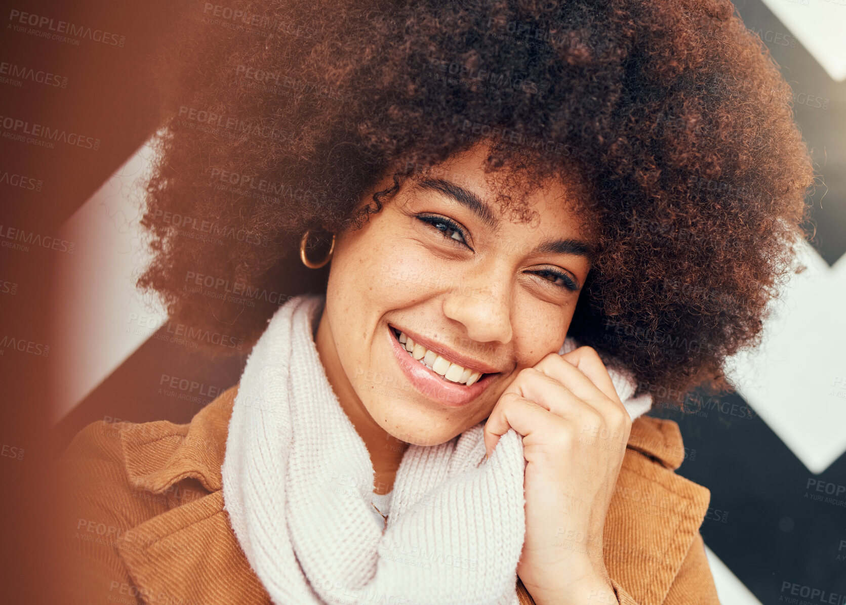 Buy stock photo Black woman, natural hair and fashion selfie for social media influencer profile picture with a smile, afro and beauty. Portrait, face and happiness of model, girl with phone for motivation post