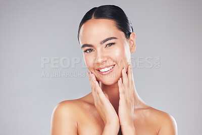 Buy stock photo Skincare, makeup and beauty portrait of woman with facial cosmetics, spa self care routine or natural glowing skin treatment. Dermatology, cosmetology or aesthetic model girl with luxury healthcare