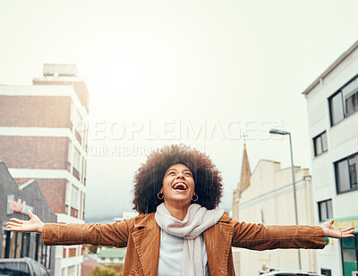 Buy stock photo Smile, happy and black woman with gratitude in a city with freedom, success and inspiration outdoors. Hope, god and excited African girl with grateful open hands, abundance and positive mindset 
