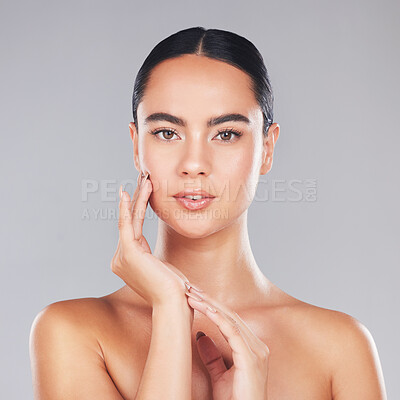 Buy stock photo Face portrait, beauty and skincare of woman isolated on gray studio background. Wellness, makeup cosmetics and female model from Canada with glowing, healthy or smooth skin after spa facial treatment