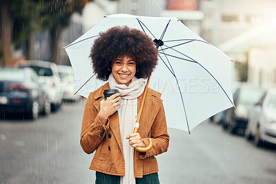 Buy stock photo Black woman afro, umbrella and smile for city travel, tourism or love for rain in the street outdoors. Portrait of African American female smiling in happiness for rainy day preparation in the town