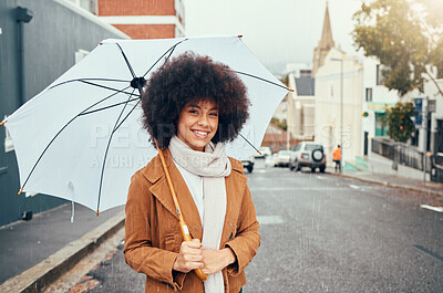 Buy stock photo Woman, fashion and umbrella portrait in winter city while travelling and sightseeing. Tourist, style and happy young female student commuting in an urban town in cold weather during autumn 