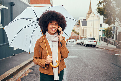 Buy stock photo Umbrella, black woman and phone call on the city street with a smile and happiness outdoor. Portrait of a happy person using mobile technology with online web and 5g internet communication in winter