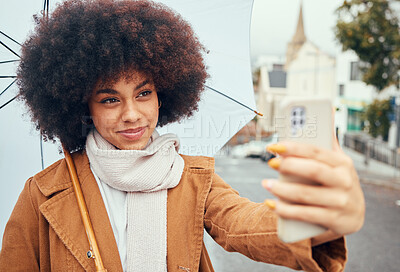 Buy stock photo Travel, woman or phone selfie with umbrella in New York city on social media review, video call or live streaming on content creator vlog. Happy, smile or afro influencer on vlogger mobile technology
