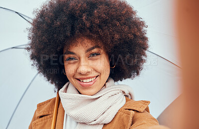Buy stock photo Woman, selfie closeup and umbrella in rain, water or drizzle in portrait, happiness and smile. Black woman, hair or afro beauty with parasol for protection from elements, climate or storm while happy