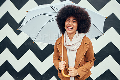 Buy stock photo Creative, fashion and black woman with umbrella in city standing by black and white pattern wall. Beauty, happiness and girl enjoying weekend, freedom and holiday in urban town by monochrome design
