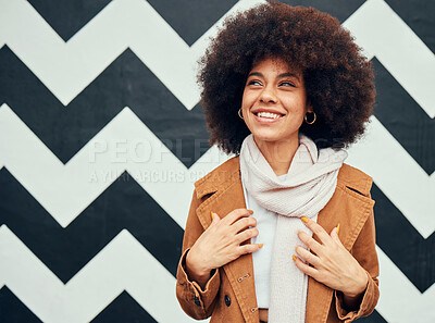 Buy stock photo Travel, fashion and black woman in a city against a wall, pattern and background, happy and excited for change. Woman, smile and student with a vision in New York, cheerful, optimistic and inspired