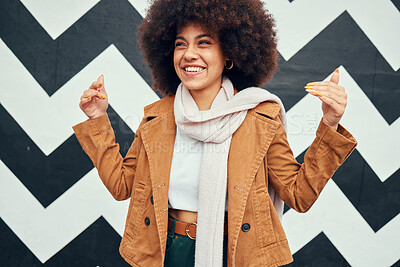 Buy stock photo Black woman afro, smile and trendy fashion on urban background and happy haircare or creative beauty. Woman, happiness and curly african hair, art wall city or metro hand sign in New York for style