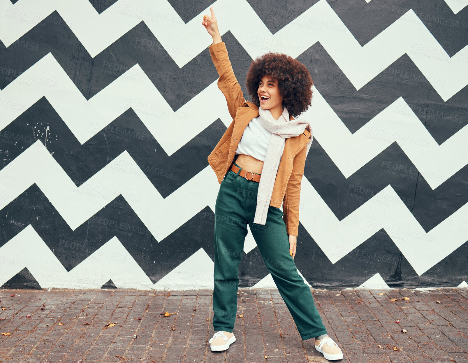 Buy stock photo Fashion, black woman and happy against a wall, pattern and  shape background in a city, happy, freedom and trendy. Travel, girl and student in New York enjoy freedom, fun and cool urban lifestyle 