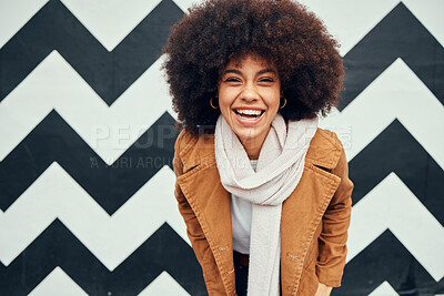 Buy stock photo Black woman afro, happy trendy background and smile for beauty, hair care and fashion portrait. Woman, happiness and african hair cheerful by art wall in urban, city or metro for winter clothes style