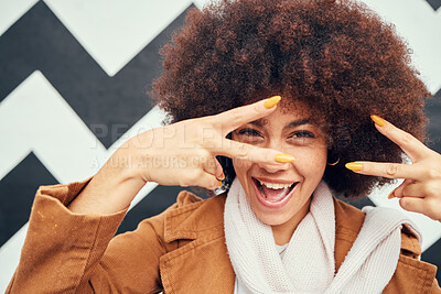 Buy stock photo Peace, sign and black woman with fashion portrait for creative vision, winter clothes and gen z or youth lifestyle. Happy, excited and retro girl with v hands or crazy face for holiday happiness