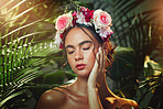 Face, forest and beauty with flower headband in tropical plants outdoors bokeh background. Woman, cosmetic skincare treatment and facial or bodycare makeup with floral pink rose crown in nature
