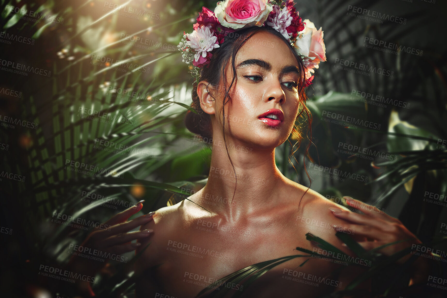 Buy stock photo Plant, skincare and woman for beauty glow, face health and wellness in nature forest, marketing or advertising. Model with natural hair growth, skin or dermatology product promotion or advertising
