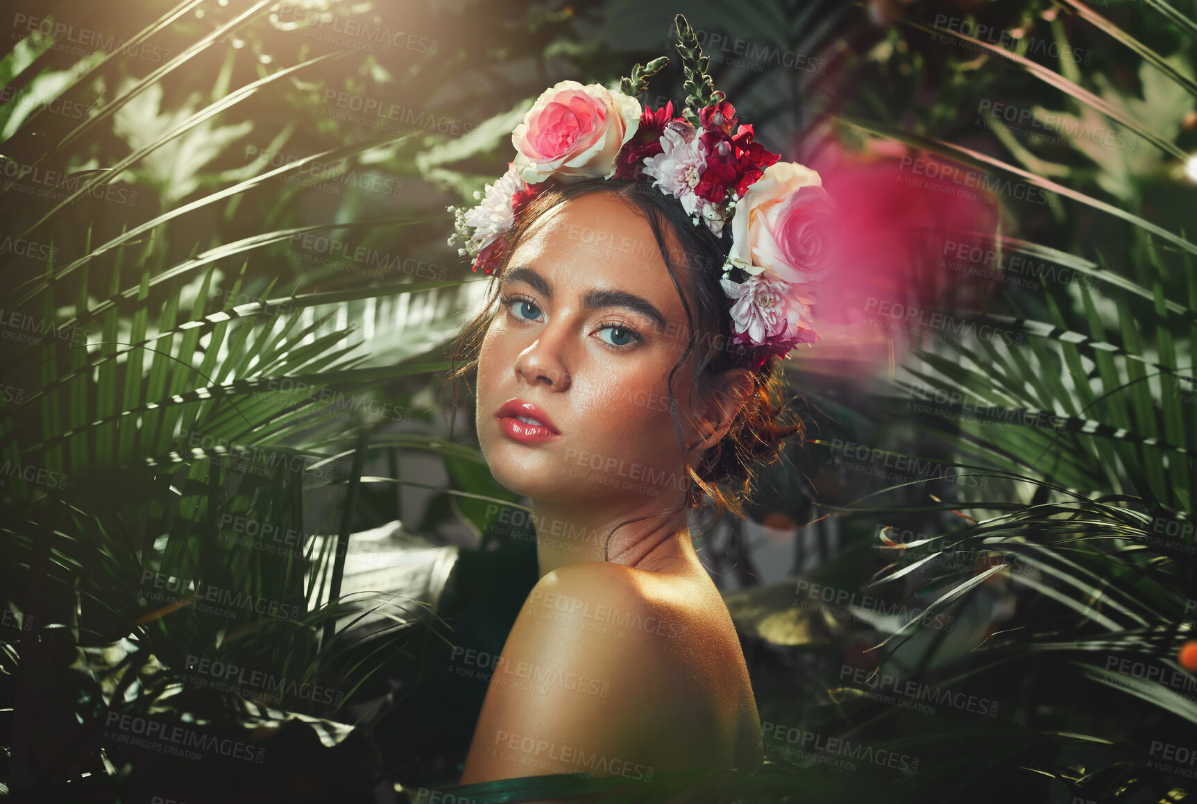 Buy stock photo Flower, crown and woman in studio for makeup, beauty and skincare with plant, leaf and wellness. Portrait, skin and rose by girl model relax for creative, jungle and floral aesthetic, eco and product