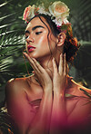 Flowers, skincare and woman with rose crown in studio for beauty, makeup and wellness with leaf, nature and plant. Flower, girl and model in jungle for facial, skin and cleaning, floral and aesthetic
