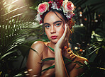 Beauty, nature and makeup, woman in natural cosmetics portrait, leaves and flower design for skincare and cosmetic advertising. Rose headband, skin and face care for wellness and cosmetology.
