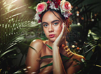 Buy stock photo Beauty, nature and makeup, woman in natural cosmetics portrait, leaves and flower design for skincare and cosmetic advertising. Rose headband, skin and face care for wellness and cosmetology.