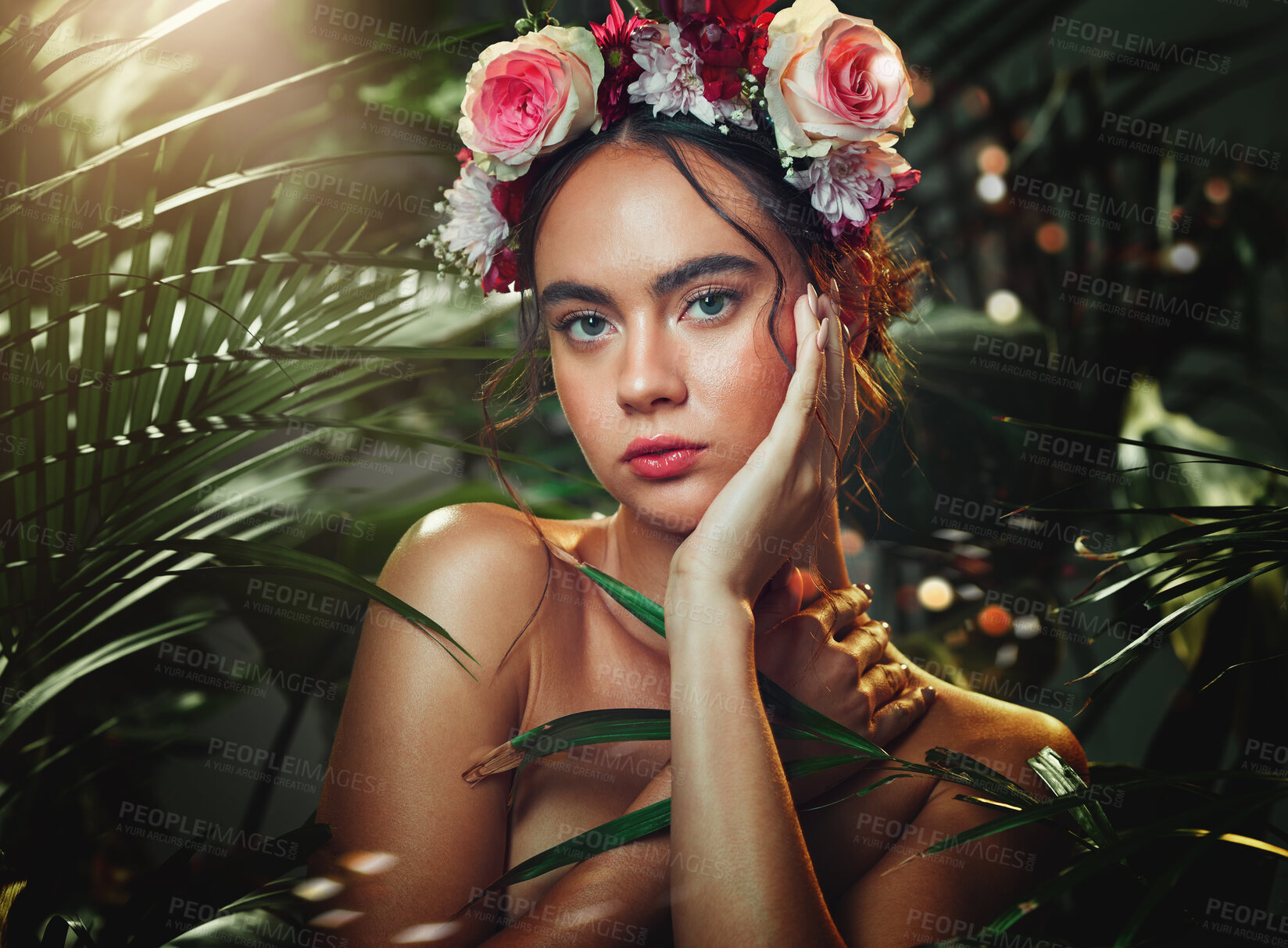 Buy stock photo Beauty, nature and makeup, woman in natural cosmetics portrait, leaves and flower design for skincare and cosmetic advertising. Rose headband, skin and face care for wellness and cosmetology.